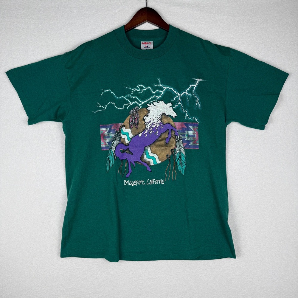 Vintage 90s Tee Jays Bridgeport California Horse Lightning Green T-Shirt Mens XL